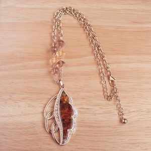 Marbled Enamel Iridescent Swirl Gold Tone Leaf Rhinestone Orange Bead Necklace